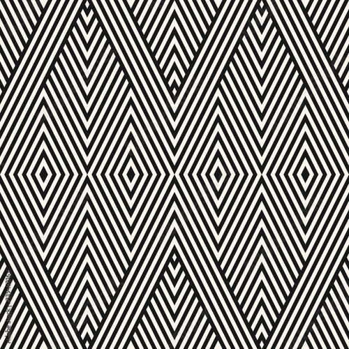 Monochrome geometric seamless pattern with stripes, diagonal lines, rhombuses