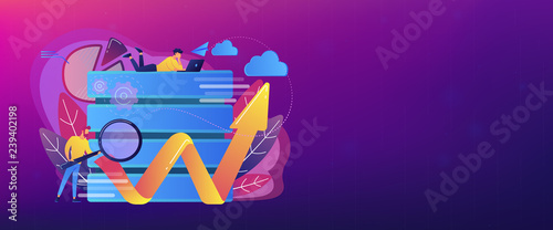 Developer with magnifying glass working with big data and zigzag arrow. Digital analytics tools, data storage and software engineering concept, violet palette. Header or footer banner template.