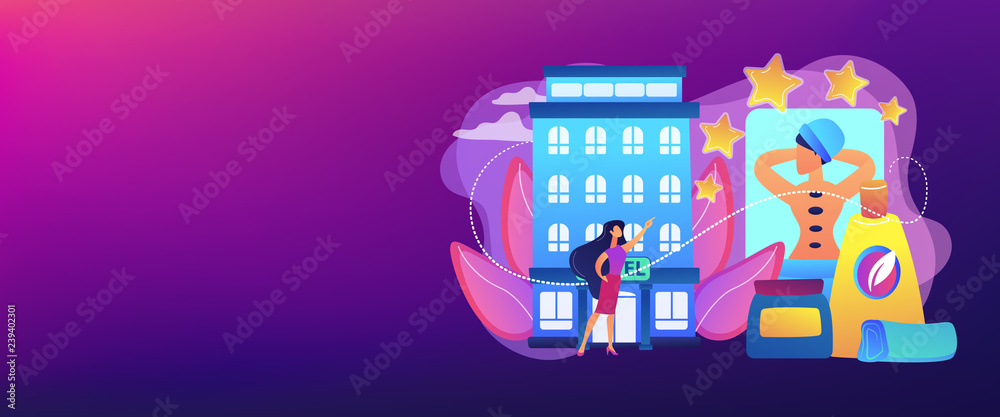 Fototapeta premium Business woman giving rating stars to hotel with spa and bodywork. Wellness and spa hotel, enjoyable lifestyle, massage and bodywork service concept. Header or footer banner template with copy space.