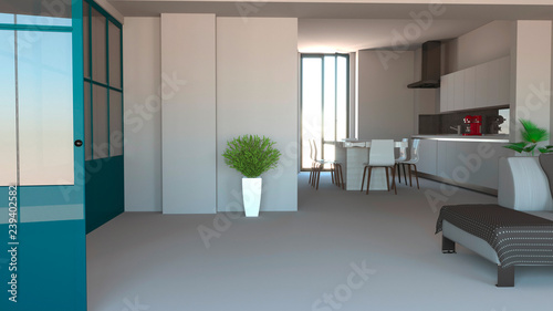 Parete vetrata in ferro e vetro di color blu, soggiorno, living space e cucina. Design di interni moderno. 3d rendering. Open space photo
