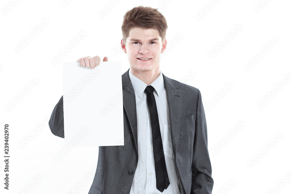 young businessman showing a blank sheet.isolated on a white