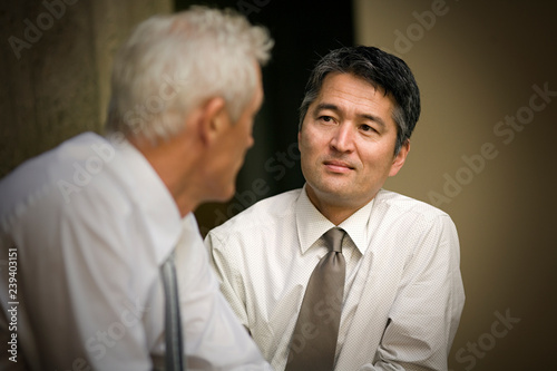 Mature adult businessman talking with a male colleague in an office.