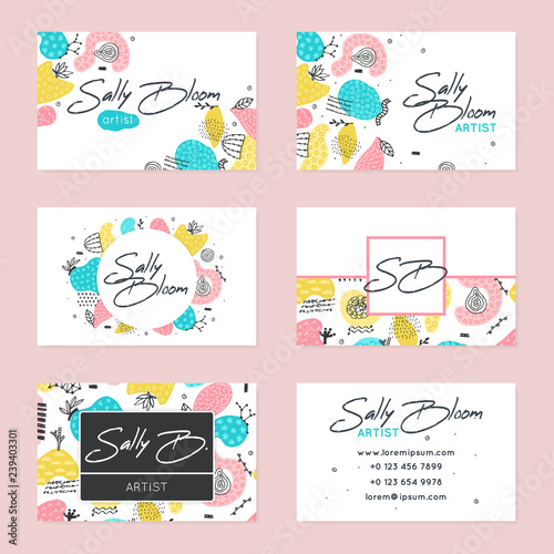 Set of vector business card templates. Hand drawn abstract shapes with different textures, spots and decorative elements on white backgrounds. Doodle. Creative unique design. Freehand style. Eps10