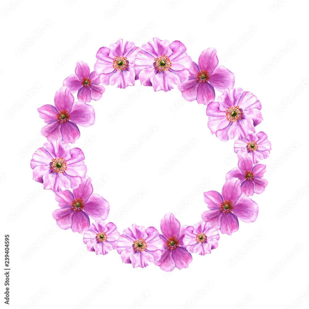Easter wreath with anemone. Round border. Watercolor illustration on white background.