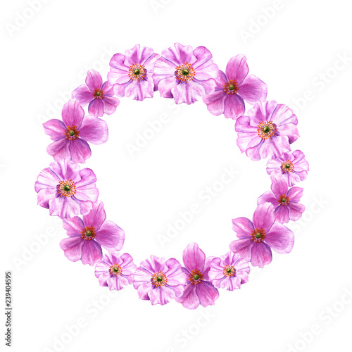 Easter wreath with anemone. Round border. Watercolor illustration on white background.