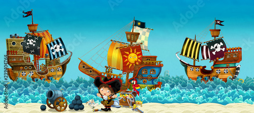 Dekoracja na wymiar  cartoon-scene-of-beach-near-the-sea-or-ocean-pirate-captain-woman-on-the-shore-and-treasure-chest-pirate-ships-illustration-for-children
