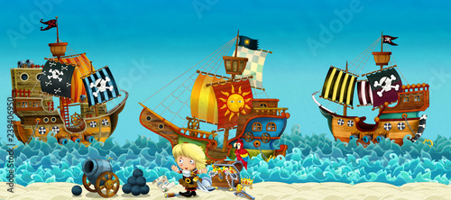 Cartoon scene of beach near the sea or ocean - pirate captain woman on the shore and treasure chest - pirate ships - illustration for children © honeyflavour