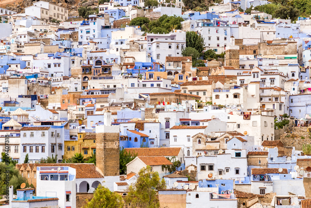 Cityscape of the blue city of Chefchaouen in the Rif mountains, Morocco