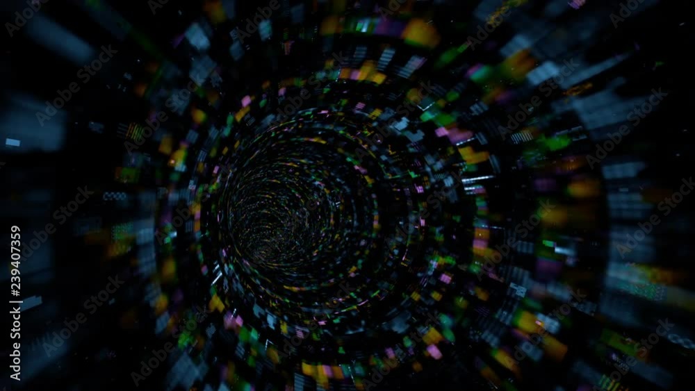 Data Stream 1023: Futuristic vortex tunnel of streaming data and video flux (Loop). Data Stream 1023: Futuristic vortex tunnel of streaming data and video flux (Loop).