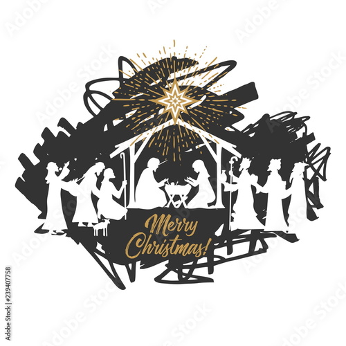 Biblical illustration. Christmas story. Mary and Joseph with the baby Jesus. Nativity scene near the city of Bethlehem. The shepherds and the wise men came to worship the Christ.