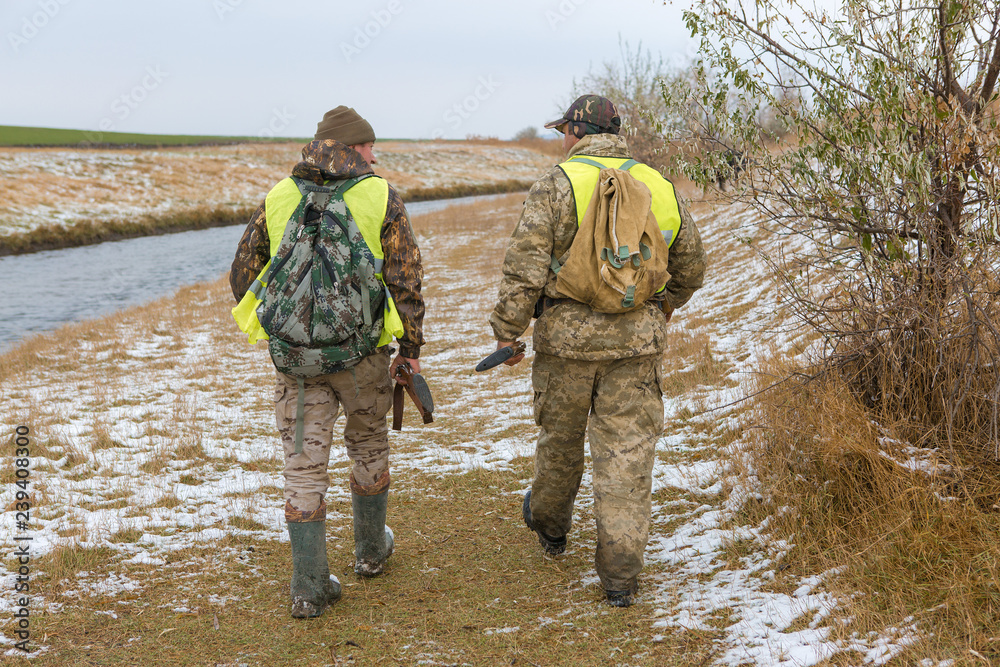 Naklejka premium Hunters with a german drathaar and spaniel, pigeon hunting with dogs in reflective vests