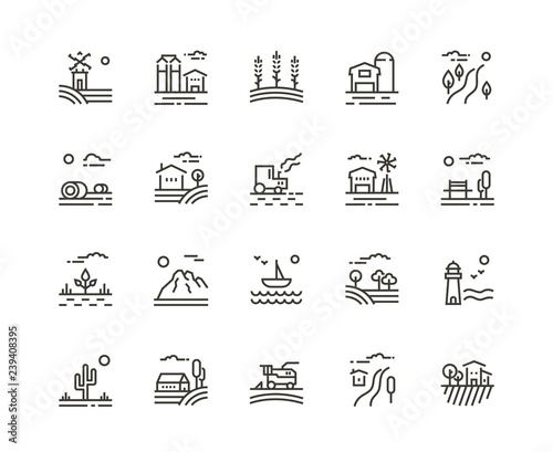 Village line icons of agriculture landscapes. Set of farming field, farm buildings, harvester trucks, tractors, mountains, boat, garden and plantation. Vector illustration, rural photo