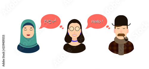 International communication translation concept illustration. tourists or businessmen or politicians from arab speaking country and England communicate through a girl translator and girl in hijab