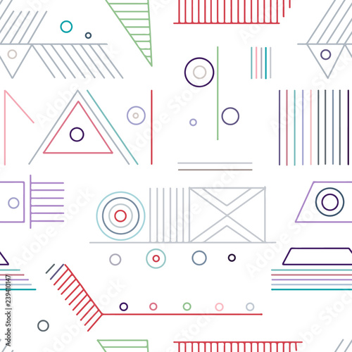 Geometric vector seamless pattern with different geometrical forms. Square, triangle, rectangle, lines. Modern techno design. Abstract background. Graphic vintage Illustration, retro style