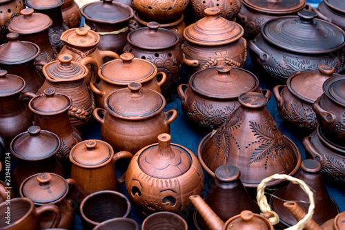 Clay pots, ware, handmade, made for sale. National crafts. Small business. Pottery. A ware for food. Environmentally friendly ware. Business on production of a pottery. Folk art