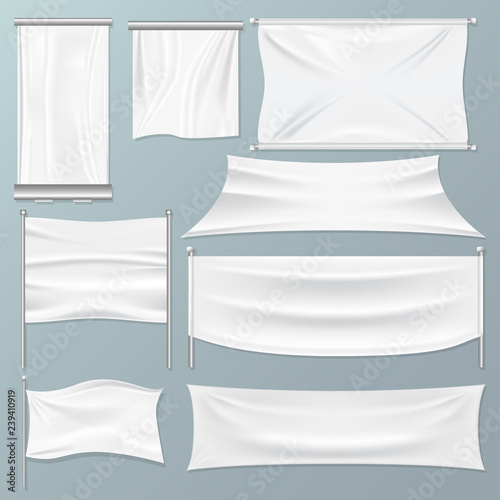 White textile advertising banners on an Isolated background. Realistic mockup vector illustration. Rectangle fabric frame.