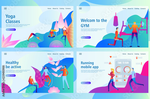 Web landing page template for physical training and sports activities banner design. Flat vector icon. Fitness and GYM people. Vector illustration for the website