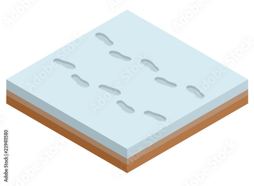 Isometric footprints on white winter snow of a pair of boots. Fresh snowy shoeprints vector illustration background.