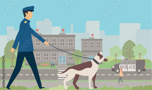 City police station department building in landscape with policeman and police car,  police dog in flat style isolated on white background - Vector