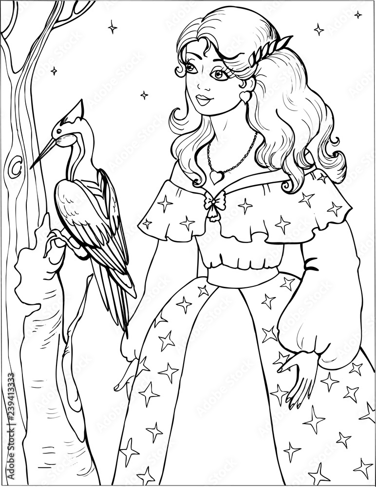 A woodpecker with a beautiful Princess. Coloring book. Birds.  7