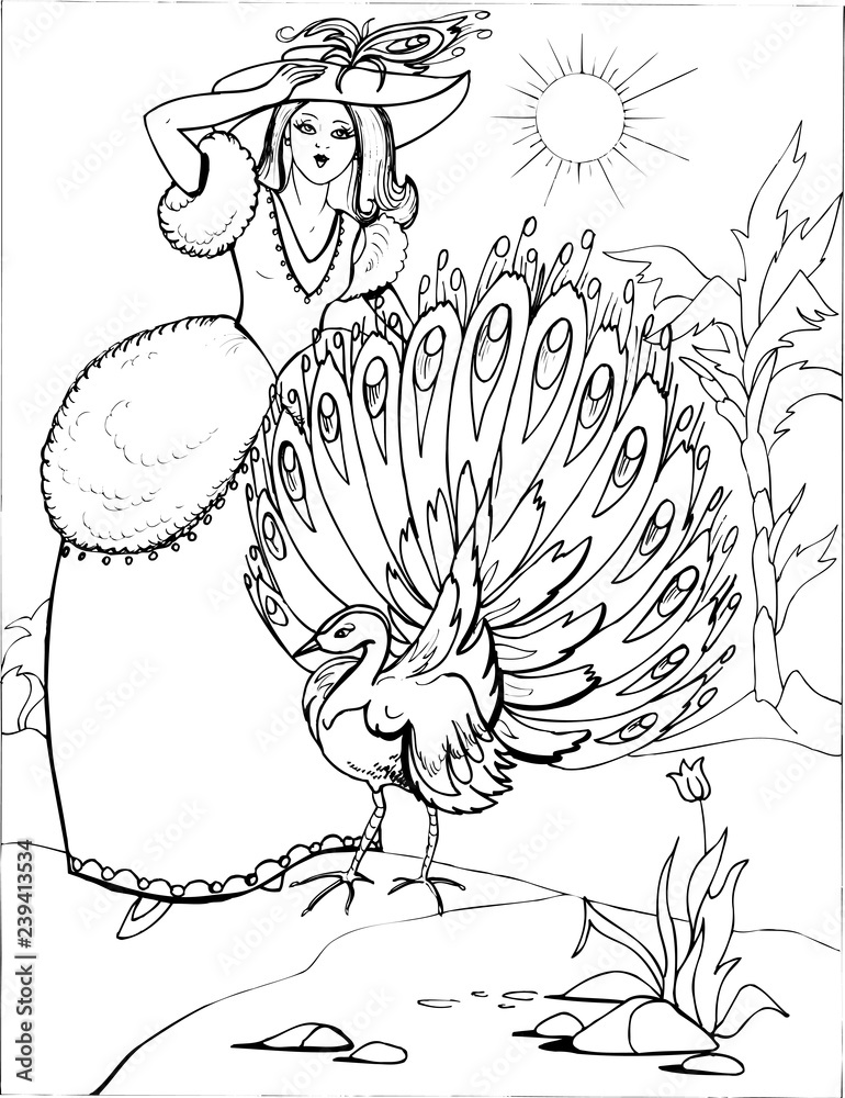 The peacock with a beautiful Princess. Coloring book. Birds. 16 Stock