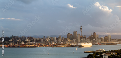 Cargo boat leaving Auckland city, New Zealand.