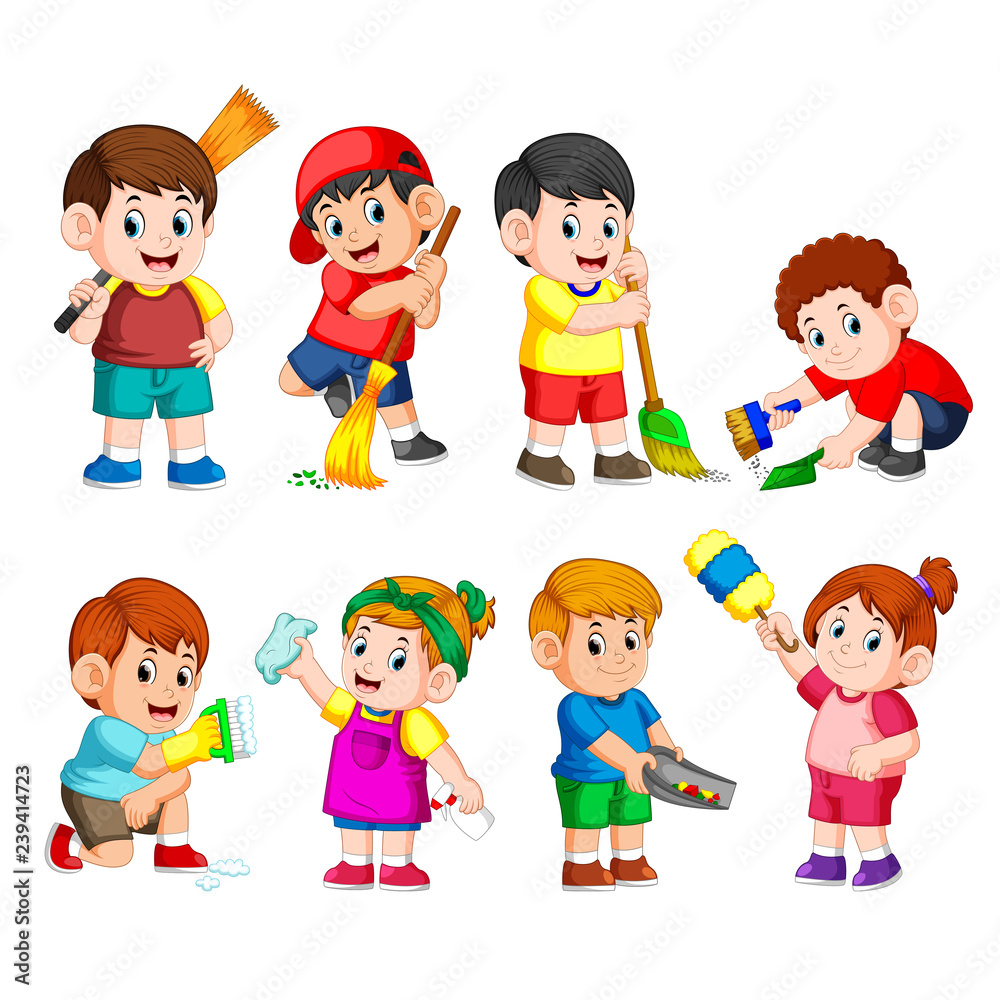 a group of children holding the cleaning tools to clean something a group of children holding the cleaning tools to clean something