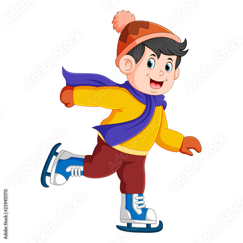 a handsome boy is running and dancing with his ice skating shoes
