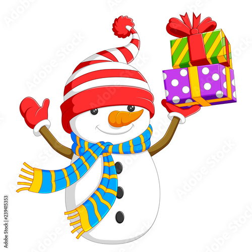 a kind snowman is holding up the box of colourful gift 