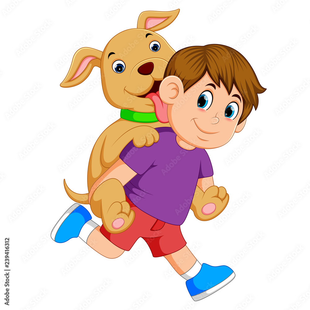 Obraz premium a boy with a purple cloth and red pant is pickaback his cute dog 