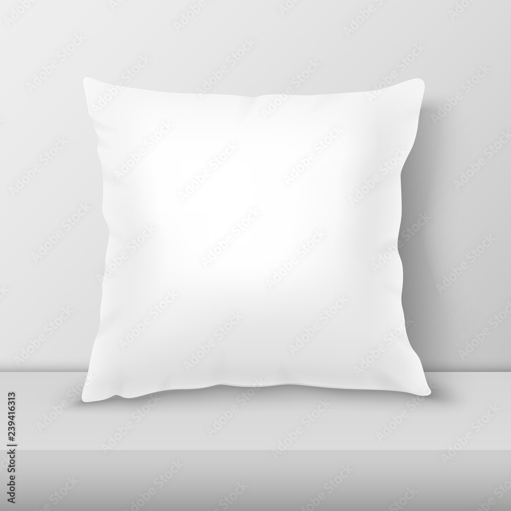 Vector Realistic 3d White Pillow Closeup on Table, Shelf Closeup on White Wall Background, Mock-up. Empty Square Pillow Design Template for Mockup, Branding, Logo Print. Home, Hotel Decor. Front view