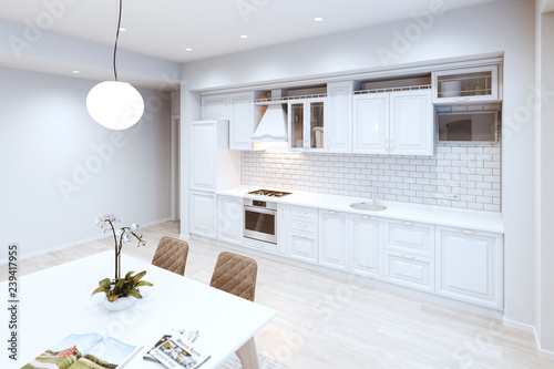 Fototapeta Naklejka Na Ścianę i Meble -  Beautiful White Classic Kitchen in new Luxury Home with Hardwood Floors, and Vintage Appliances 3d render night version