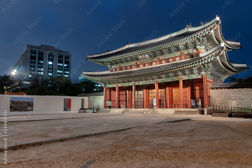 Fototapeta premium Donhwamun Gate at Changdeokgung Palace in Seoul, South Korea at Night
