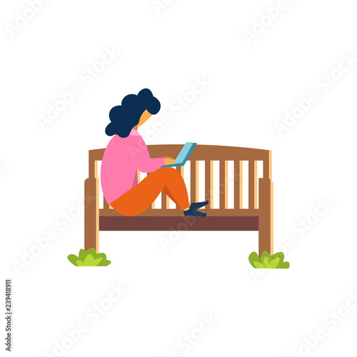 The girl is sitting on a bench and reading from a laptop. Gadget and social networking obsessed with. Cartoon vector.
