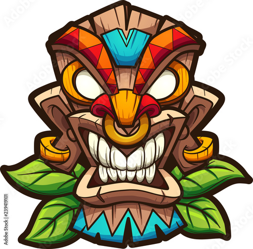 Cartoon colorful tiki mask with leaves.