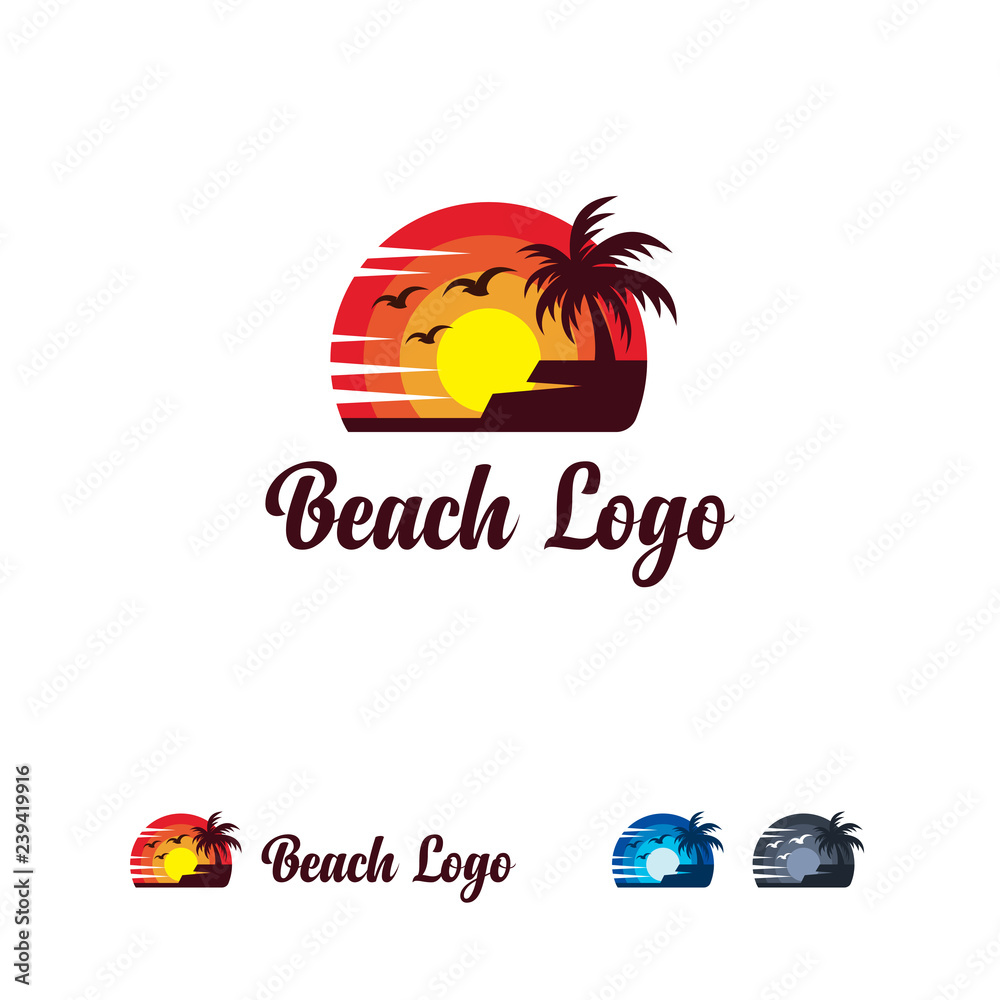 Iconic Beach Logo designs template, Sun and Beach logo template, Travel