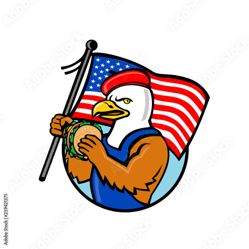 American Eagle Holding Burger and USA Flag Mascot