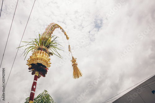  The penjor is a tall, curved bamboo pole decorated with coconut leaves with an offering at the base. Bali Indonesia.  photo