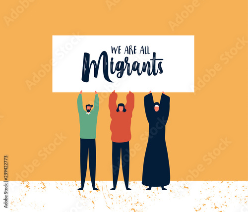 Migrants Day card of diverse friends holding sign