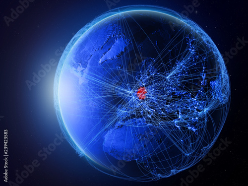 Fototapeta Naklejka Na Ścianę i Meble -  Germany from space on planet Earth with blue digital network representing international communication, technology and travel.