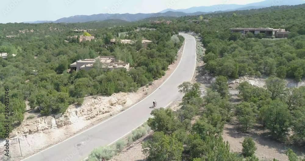 Aerial footage of Santa Fe New Mexico foothills residential houses