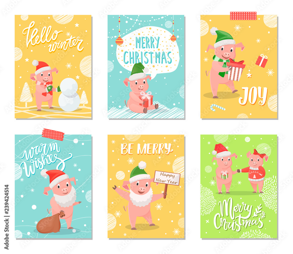 Fototapeta premium Hello Winter, Joy of Winter Merry Christmas Cards