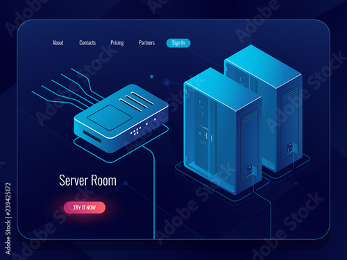 Server room, datacenter and database isometric icon, networking and internet communications, blockchain technology, dark vector