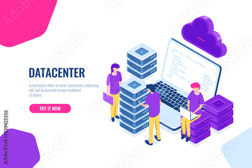 Cloud data storage, remote backup of files, data center and database isometric concept, internet warehouse, laptop cartoon people