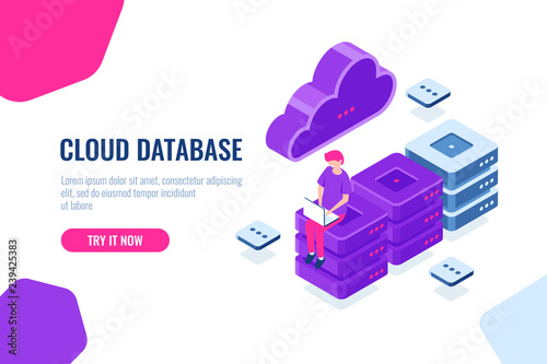 Cloud computer technology, storage and processing big data, server room, database and datacenter isometric icon, digital engineering, cartoon people vector