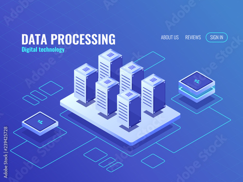Concept of big data storage and backup isometric icon, server room database and data center, protected data transfer