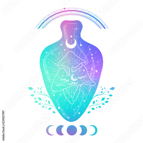 Mushrooms in a bottle in pastel colors. Double exposure and tattoo art style. 80-90s motifs