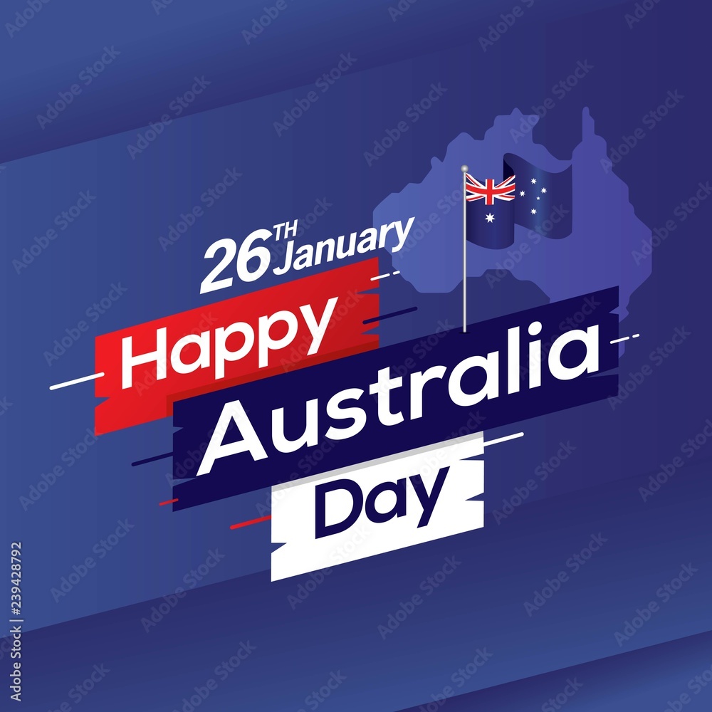Obraz premium Szczęśliwy dzień Australii z mapą i flagą Australii. Ilustracji wektorowych