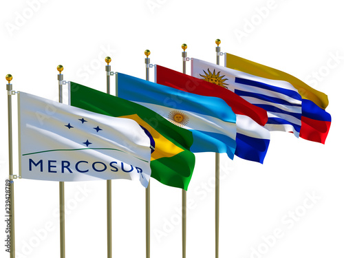 MERCOSUR flag Isolated  Silk waving flags MERCOSUR Brazil Argentina Paraguay Uruguay Venezuela five members  with a flagpole on a white background 3D illustration photo