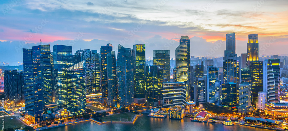 Fototapeta premium Panorama śródmieścia Singapuru nocą